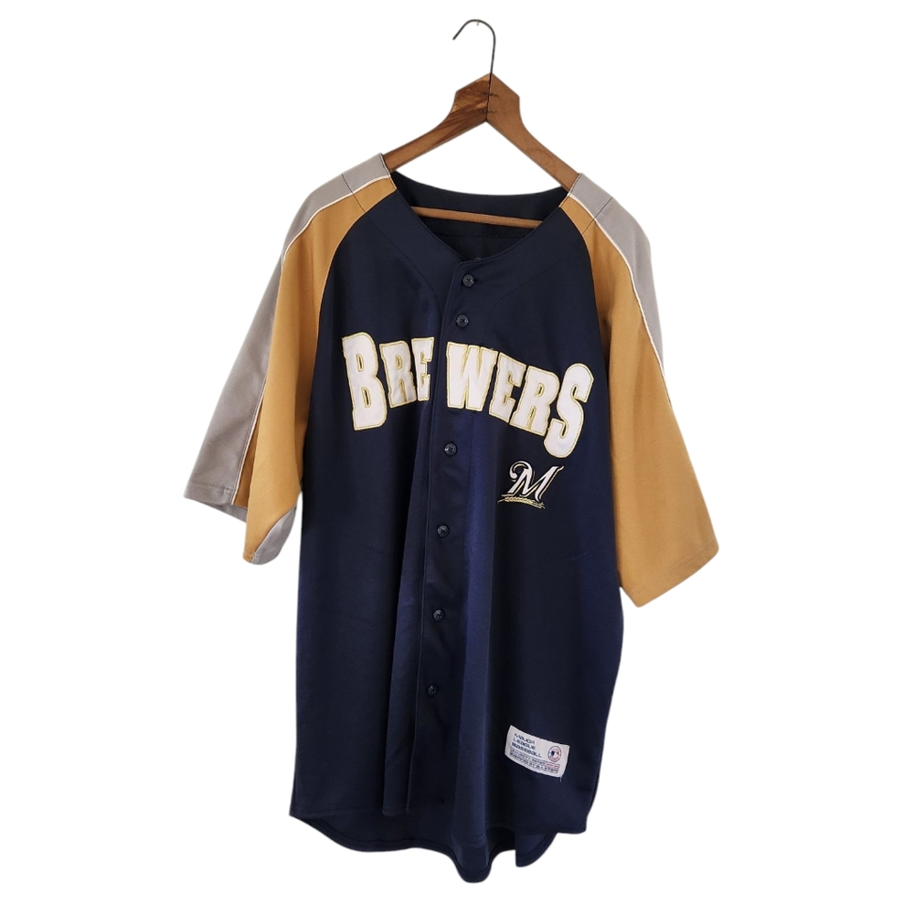 Milwaukee Brewers Sz XL Dynasty Series Jersey MLB Navy Gold Button Up Baseball